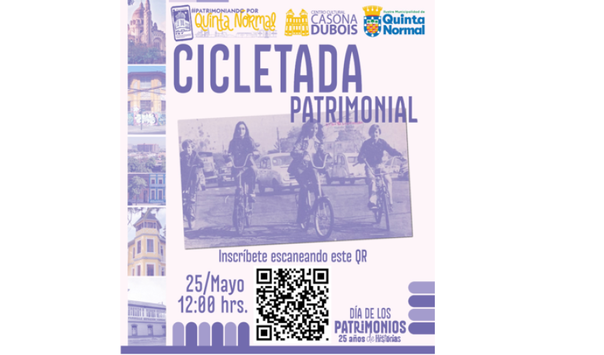 Cicletada Patrimonial y recreativa por Quinta Normal de carácter familiar. Se recorrerán los puntos más históricos de nuestra comuna tales como Chiteco, La casa de Violeta Parra, entre otros lugares memorables de nuestra bella e histórica comuna. ACTIVIDAD PARA TODOS LOS NIÑOS, NIÑAS, ADOLESCENTES Y LA FAMILIA.