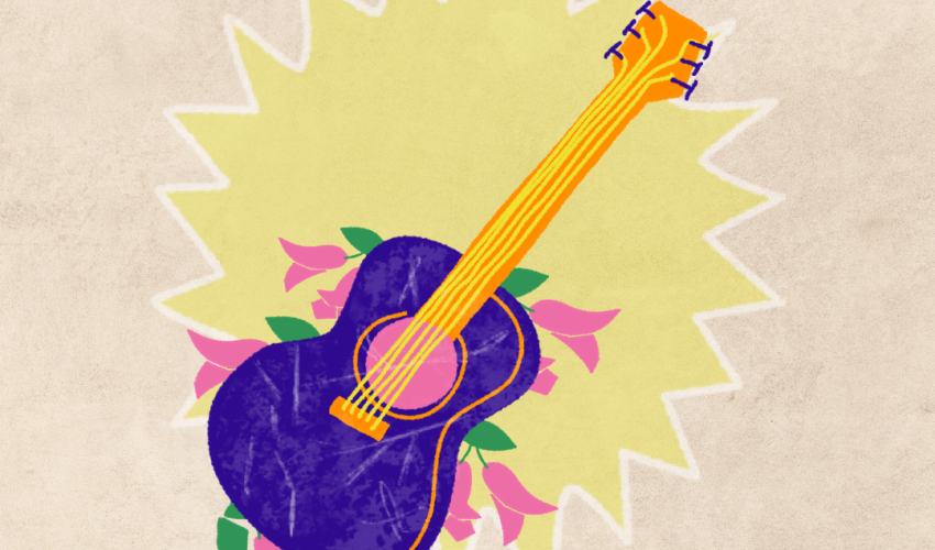 Ilustración de una guitarra color morada y con flores alrededor.