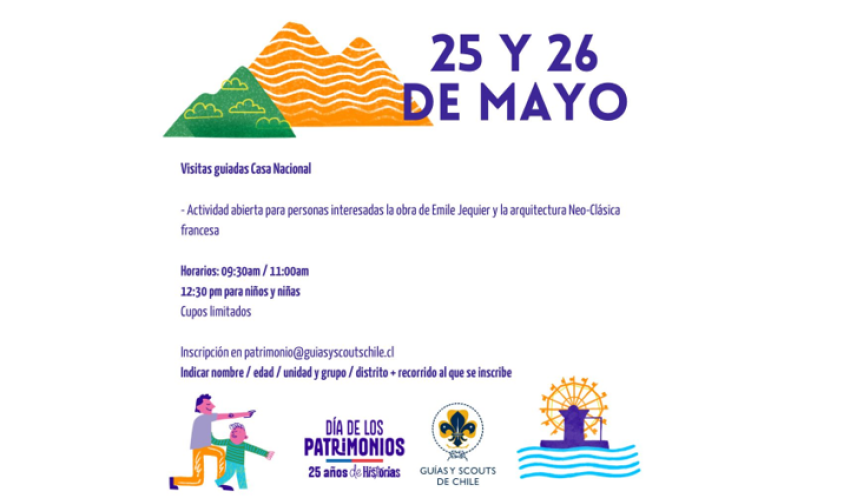 Imagen que da un resumen de los horarios de visita a la casa nacional guía scout, hay 3 horarios distintos donde los horarios de 09:30 y 11:00 am son para todo público y el horario de 12:30 pm es especial para niñas y niños hasta los 12 años