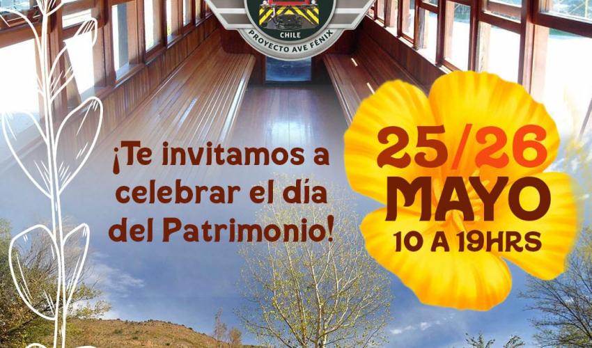 El Proyecto "Ave Fénix" los invita cordialmente a celebrar el Día de los Patrimonios en la Estación de Trenes de El Melocotón (Camino al Volcán #27197, Melocotón) contaremos con diversas actividades, principalmente paseos en tren, actividades culturales, museo ferroviario, shows artísticos, feria artesanal, comidas típicas, espacio para estacionamientos y mucho más. Te esperamos desde las 10:00 am hasta las 19:00 pm de este sábado 25 y domingo 26 para que vengas con toda tu familia a celebrar con nosotros. 