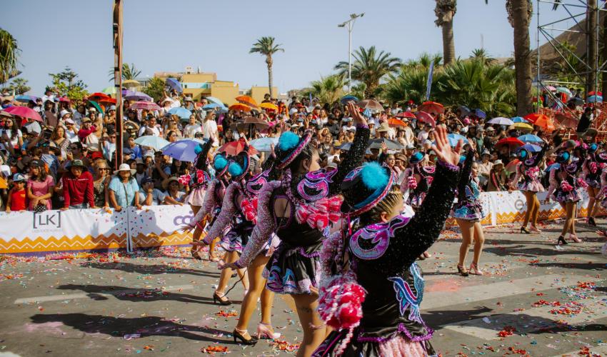 Grupo de bailarinas con sus trajes de colores azul y rosado, vista de espalda