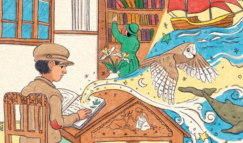 Ilustración de niño leyendo en la antigua sala infantil de la biblioteca